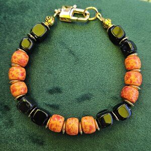 SALE!! Black Agate, Muddled Tangerine Stone, and 14K Gold Filled Bead Bracelet
